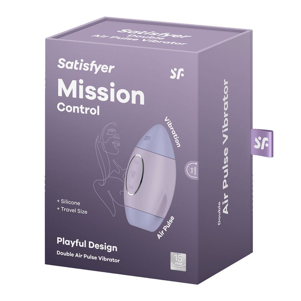 Satisfyer mission control - violet - air pulse - clitoral suction stimulator -  box side view | Flirty Bay